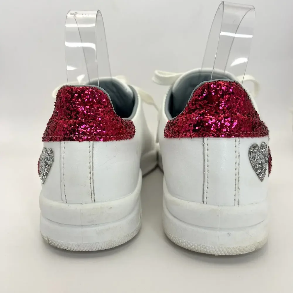 Chiara Ferragni Glitter Heart White Leather Sneakers Pink Silver Lace Up EU 38